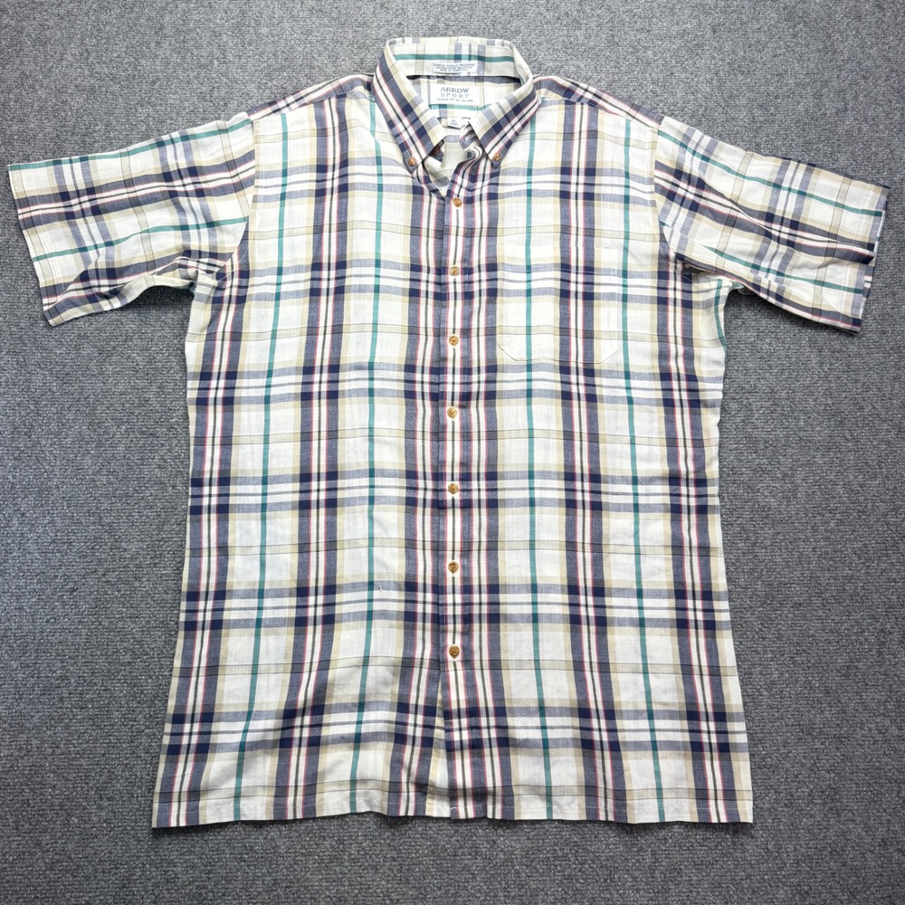 Arrow Sport Mens XL Tall Plaid Button Down Shirt Short Sleeve Single Needle Blue